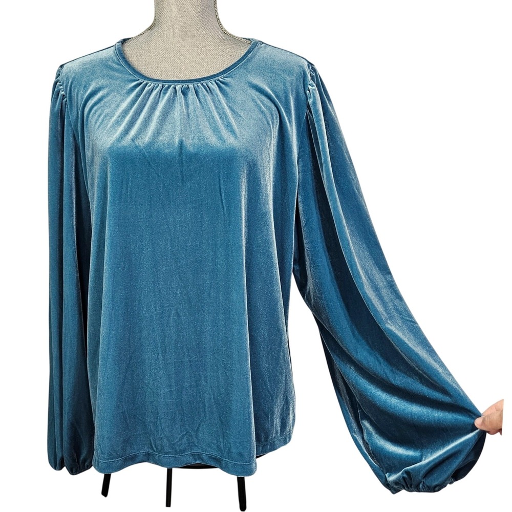LOFT Blue Velvet Balloon Sleeve Top XL Holiday Luxe Boho Romantic Peasant